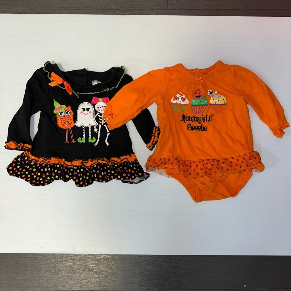 Lot of 2 Baby Girl Halloween Holiday Tops 6-9 months Orange & Black